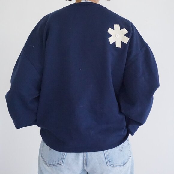 Vintage Jerzees Blue Sweater Snowman Flag Cotton Holiday Festive Snowflakes L - Picture 2 of 10